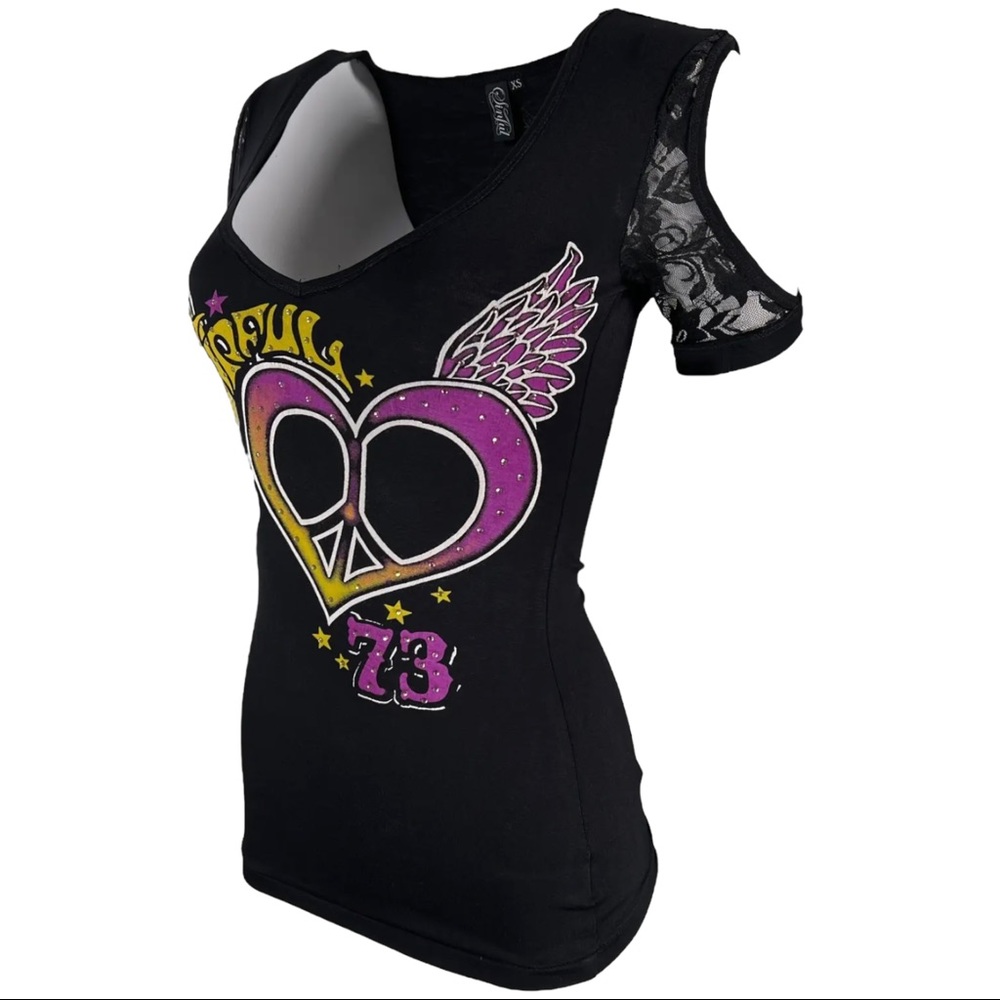 Sinful By Affliction Women's T-shirt Vertigo Biker Tattoo - Picture 5 of 11